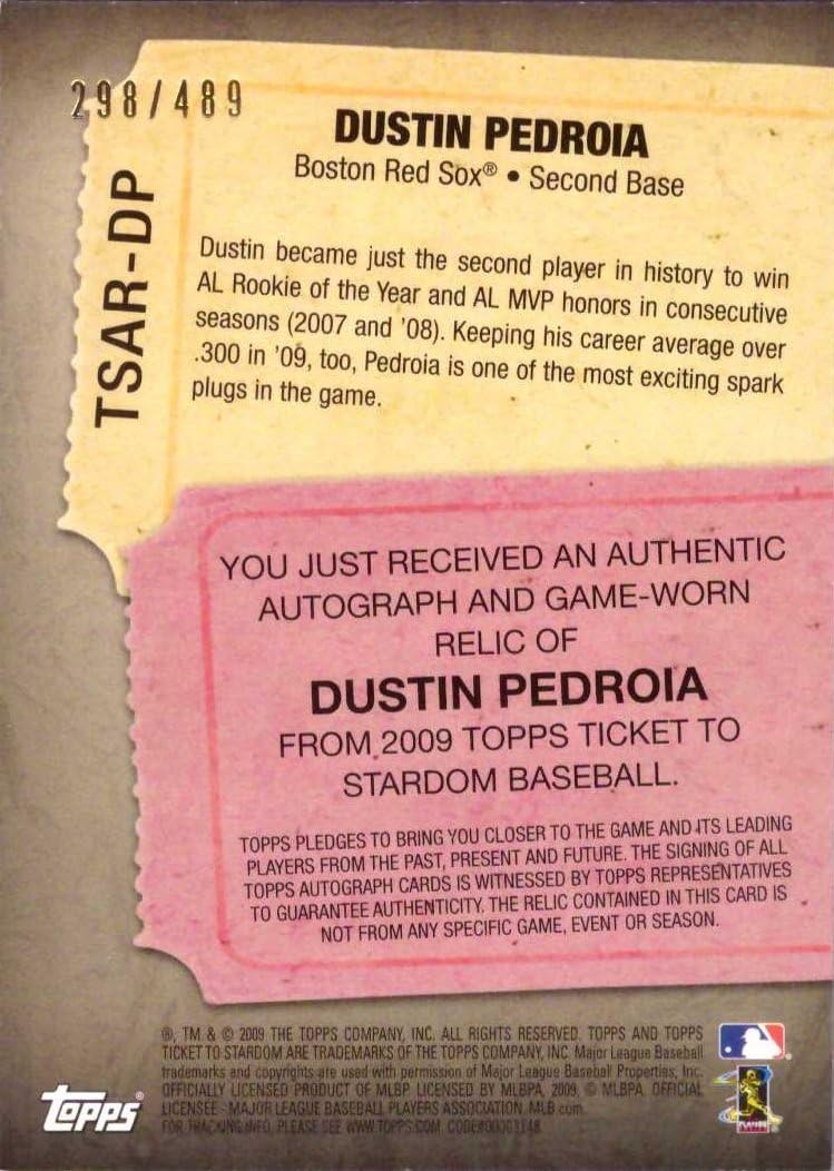 2009 Topps Ticket to Stardom Relics #TSAR-DP Dustin Pedroia Certified Autograph Game Used Bat Baseball Card - Only 489 made!