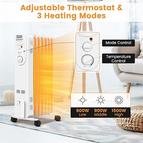 Miniatura 4 de Happygrill Radiador de calentador de aceite de 1500 W, calentador eléctrico con termostato ajustable, 3 ajustes de calor, protección contra