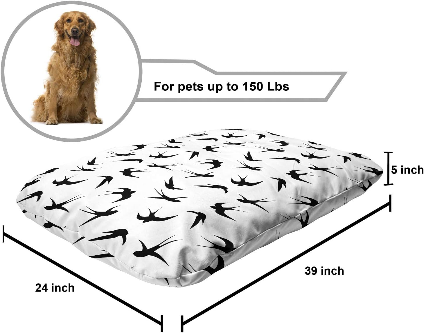 review Ambesonne Bird Pet Bed, Monochromatic Isolated Abstract Flying Swallows Animals Wings Shadows Pattern, Chew Resistant Pad for Dogs and Cats Cushion with Removable Cover, 24