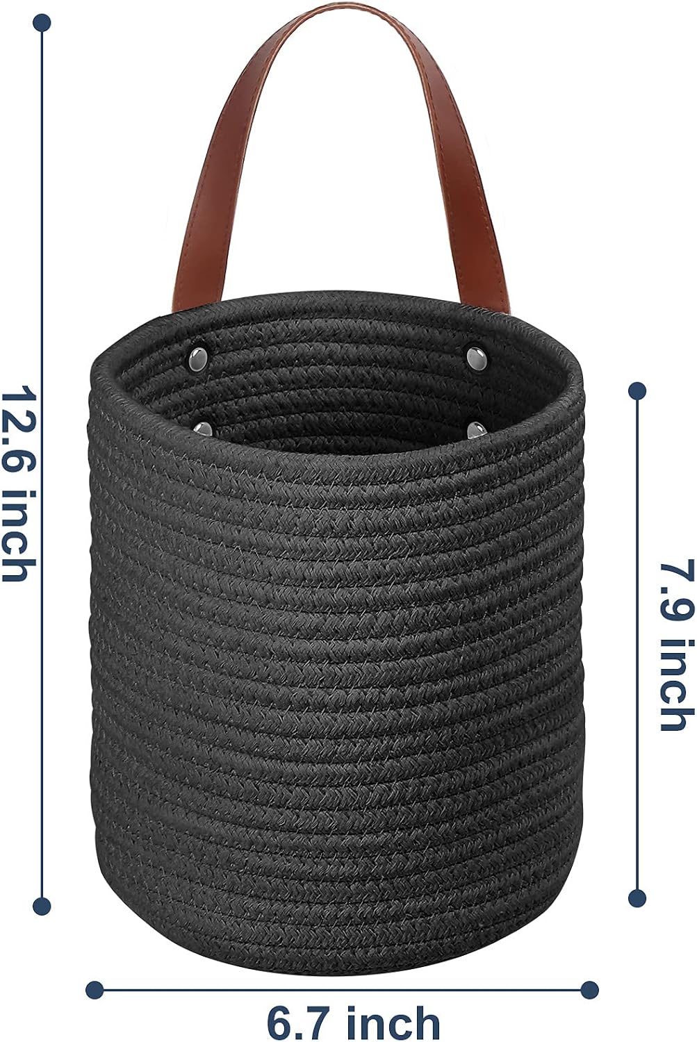 TomCare 4 Pack Hanging Baskets Wall Basket 7.87" x 7" Small Woven Storage Baskets Cotton Rope Hanging Storage with Leather Handles Small Decorative Baskets Organizer for Plants (Black)