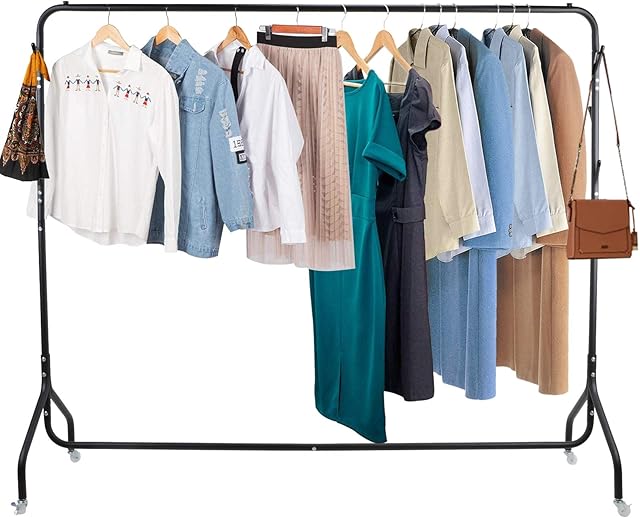 Voilamart Heavy Duty Clothes Rail 6FT Long Metal Clothes Rail Garment Hanging Display Rack Commercial Clothes Stand on Wheels Lockable,6 Hooks for Handbag Scarf (Black)