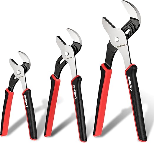 ARROW 3-Piece Groove Joint Pliers, 8", 10" & 12" Adjustable Water Pump Pliers with TPR Handle, High Carbon Steel Tongue and Groove Plier for Plumbing, Automotive and Household Repairs