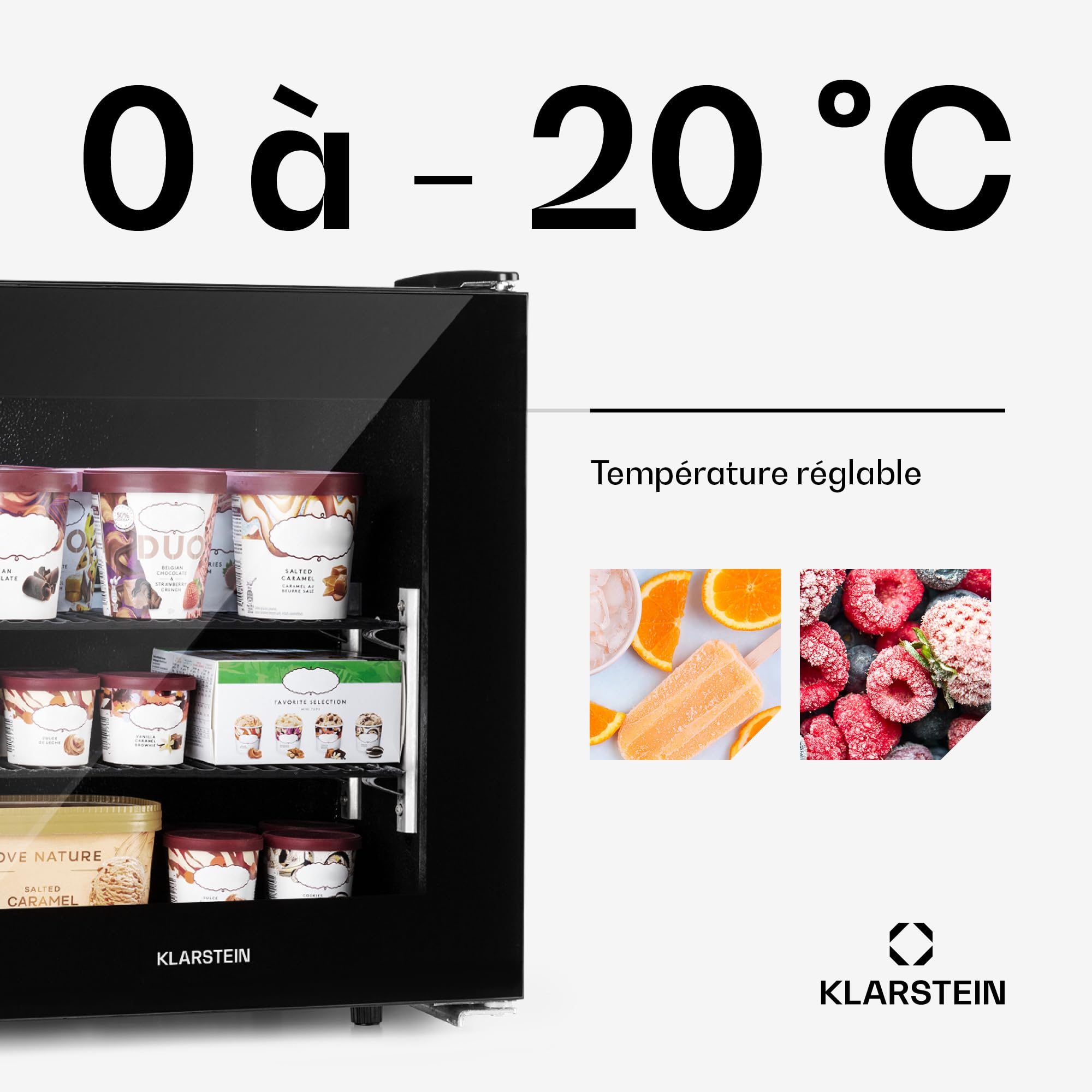 KLARSTEIN IceAge - Congélateur avec façade vitrée, thermostat à 5 niveaux, 0 à -20°C, pieds réglables en hauteur, boîtier en acier, CEE E, 2 clayettes, 36 litres