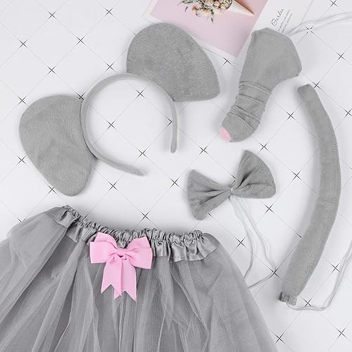 Miniatura 7 de Juego de 5 piezas de disfraz de elefante, orejas de elefante, diadema para la nariz, cola de lazo, falda tutú, kit de disfraz de animal, accesorios