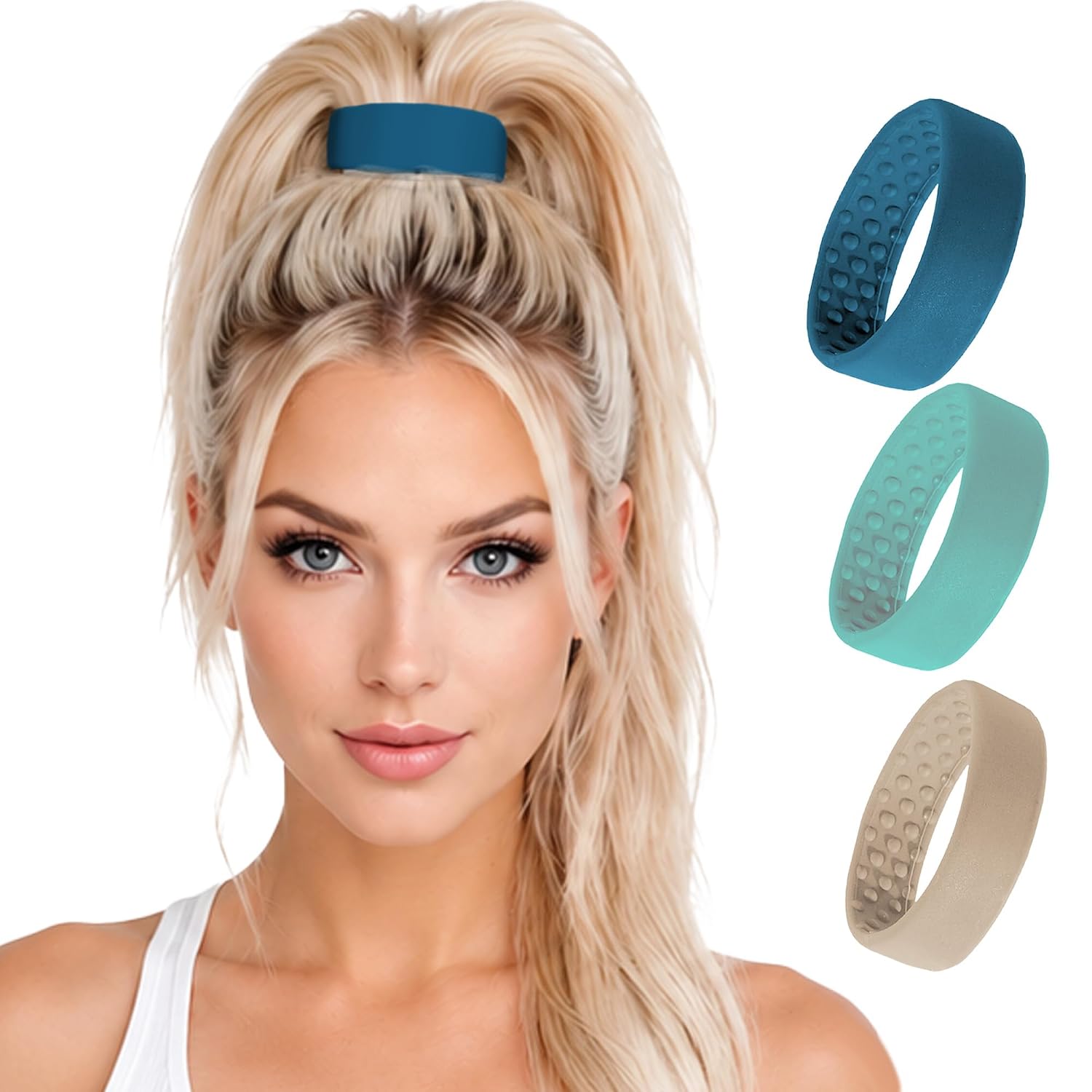 3 pc- Large PONY-O Bendable Hair Ties, Large Ponytail Holders for Thick, Long or Heavy Hair – Strong Hold Without Elastic Damage (Blonde Sapphire Teal)