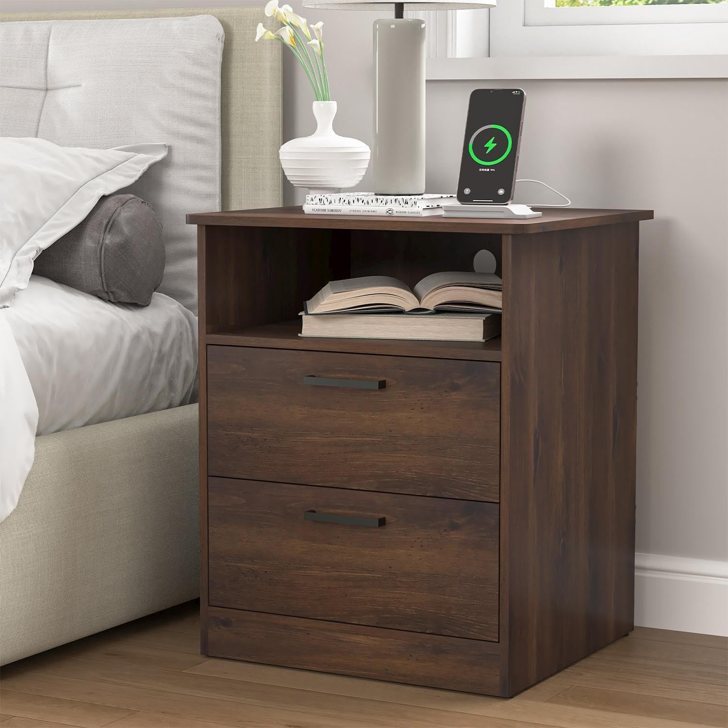 Walnut Nightstand with Charging Station Modern Night Stand with 2 Drawers and Open Shelf Bedside Table with Storage
