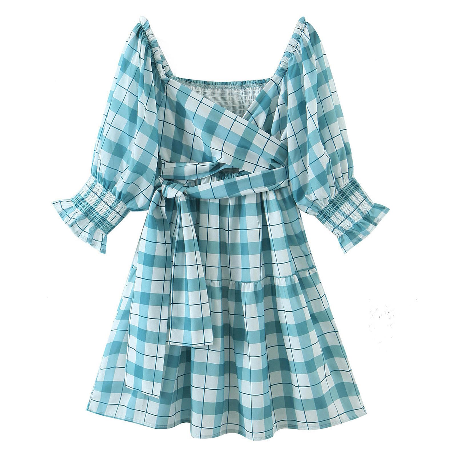 Robe à carreaux bleue style manches bouffantes et col en V féminin