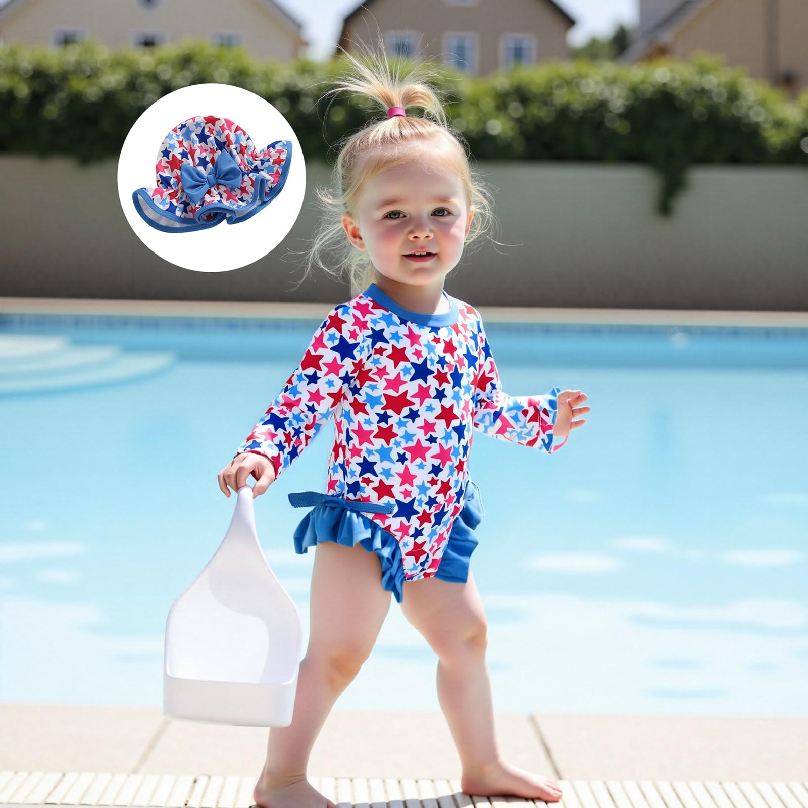 WASAIGOOD Infant 4th of July Swimsuit Baby Girl July 4th Bathing Suit Toddler Girl Long Sleeve Rash Guard Swimsuit with Hat (Stars, 9-12 Months)