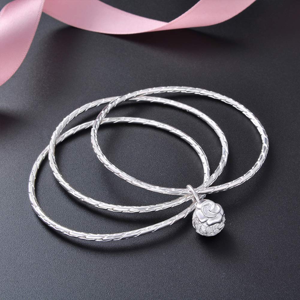 AKT Pulsera de Plata Bangle y Brazalete de Plata de Ley con 3 Aberturas y Campana para Mujer, 24g 990 Plata, Diámetro Interior 58.3 Mm