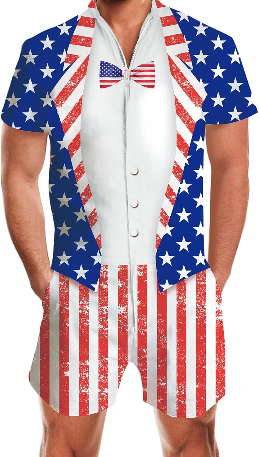 uideazone Men Romper 3D Printed Zipper Jumpsuit Short Sleeve One Piece Casual Overalls Bro Outfits