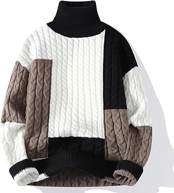 Mens Casual Slim Fit Pullover Sweaters Long Sleeve Ribbed Knit Color Block Casual Turtleneck Sweater Thermal Tops