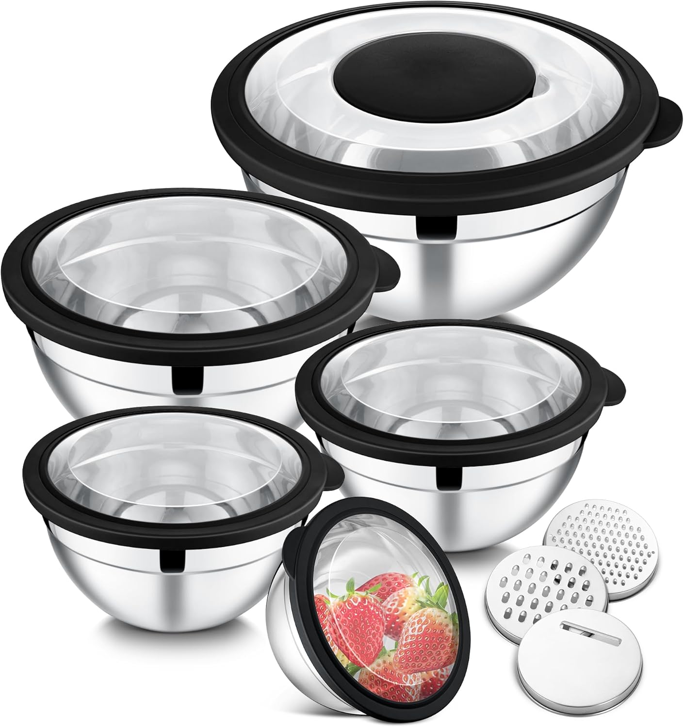 E-far Mixing Bowls Set of 5, Stainless Steel Salad Mixing Bowl with Transparent Lid, Metal Nesting Bowl Attach with 3 Graters for Kitchen Prepping/Serving/Baking/Storage, 4.6/2.6/1.5/1/0.7 QT – Black
