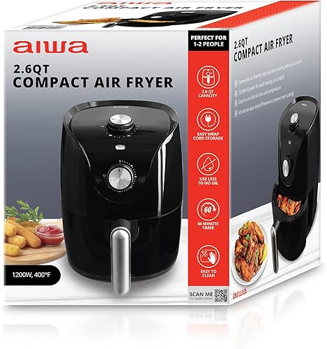 Aiwa Freidora de aire compacta de 1200 W, capacidad de 2.6 cuartos de galón, calentamiento de convección de 360 grados, temporizador de 60 minutos,