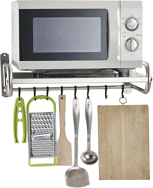 TTXP Microwave Wall Brackets Steel Kitchen Shelves Wall Mounted Shelf Stand with 6 Hooks 1 Layers Hanging Oven Rack Stand,Silver-L53cm