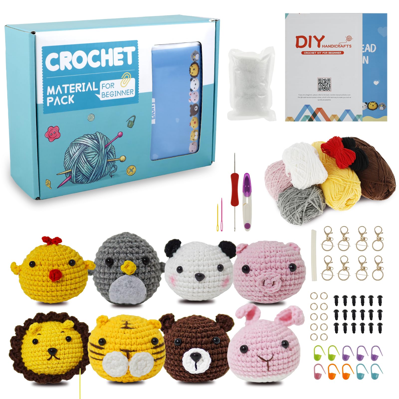 8 Pcs Beginners Crochet Kit, Crochet Kits for Beginners,Animals Crochet Kit,Crochet Set Include Various Accessories with Instructions and Video Tutorials for Starters Adult Kids (Color)