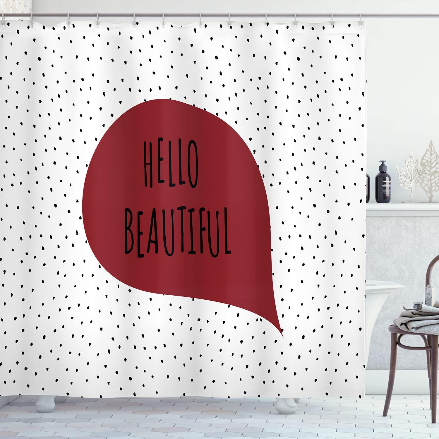 Ambesonne Hello Shower Curtain, Romantic and Message in a Pastel Colored Speech Balloon Hand Drawn Dots, Cloth Fabric Bathroom Decor Set with Hooks, 70" Long, Burgundy White