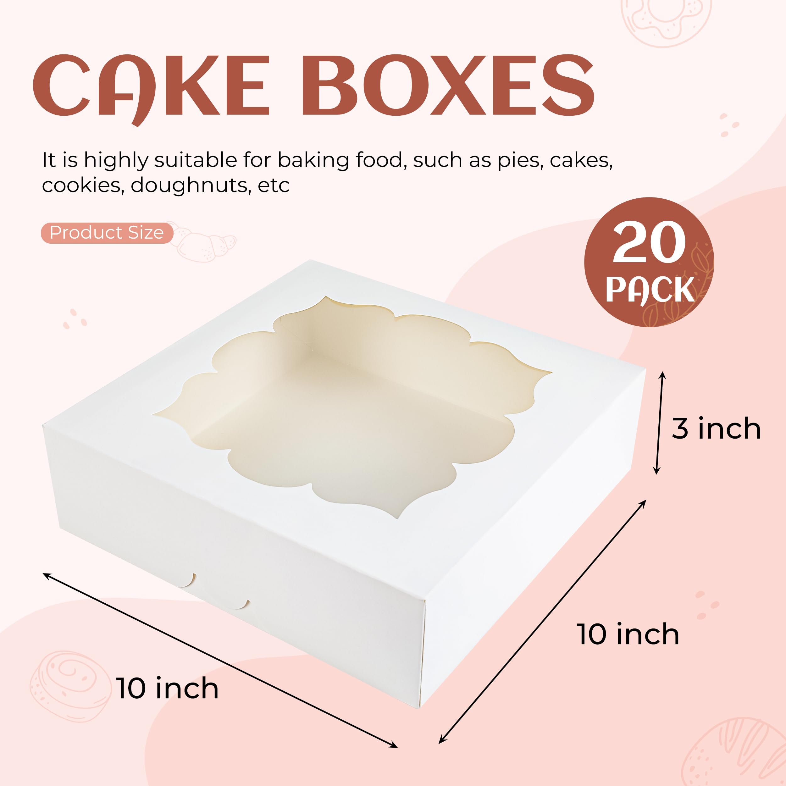 BTSD-home Lot de 20 boîtes à tarte de 25,4 x 25,4 x 7,6 cm avec fenêtre – Boîtes à tarte pour tartes, cheesecake et fraises recouvertes de chocolat (blanc)