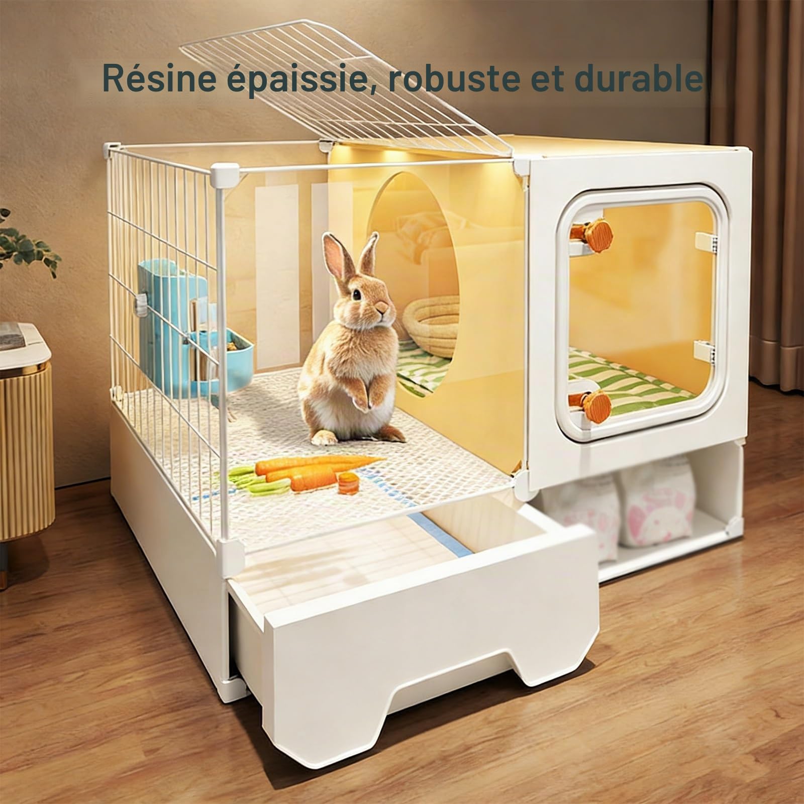 Cage Lapin d'intérieur, Cage avec Plateau Coulissant et Espace de Rangement, Maison Lapin Transparente, for Petits Animaux(106x45x53CM)
