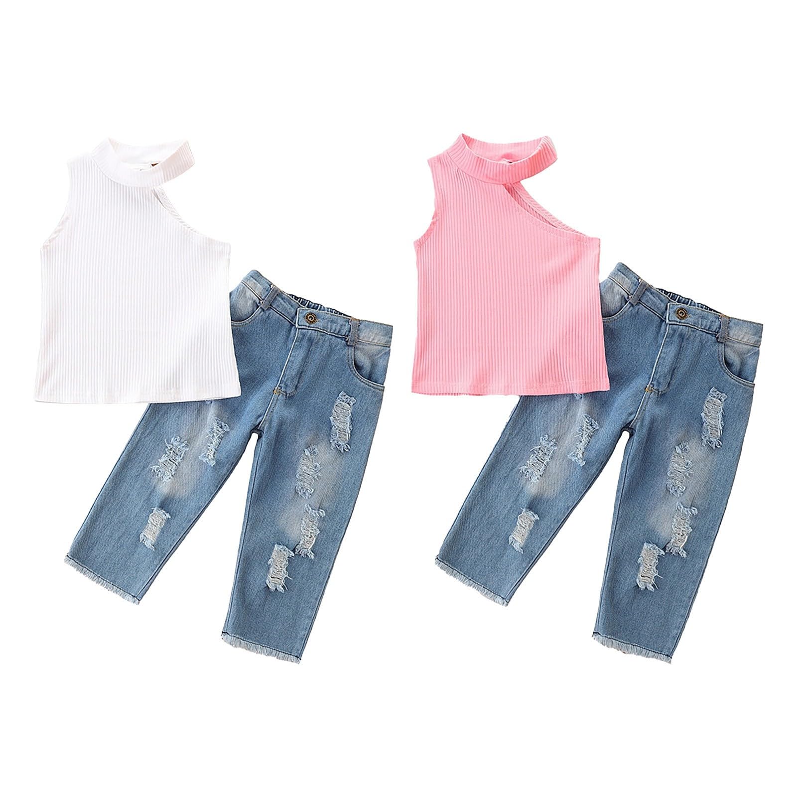 Traje de niñas sin Tirantes, Tops de Manga Corta, Jeans Rotos, Ropa Informal de Dos Piezas Traje De Marinero