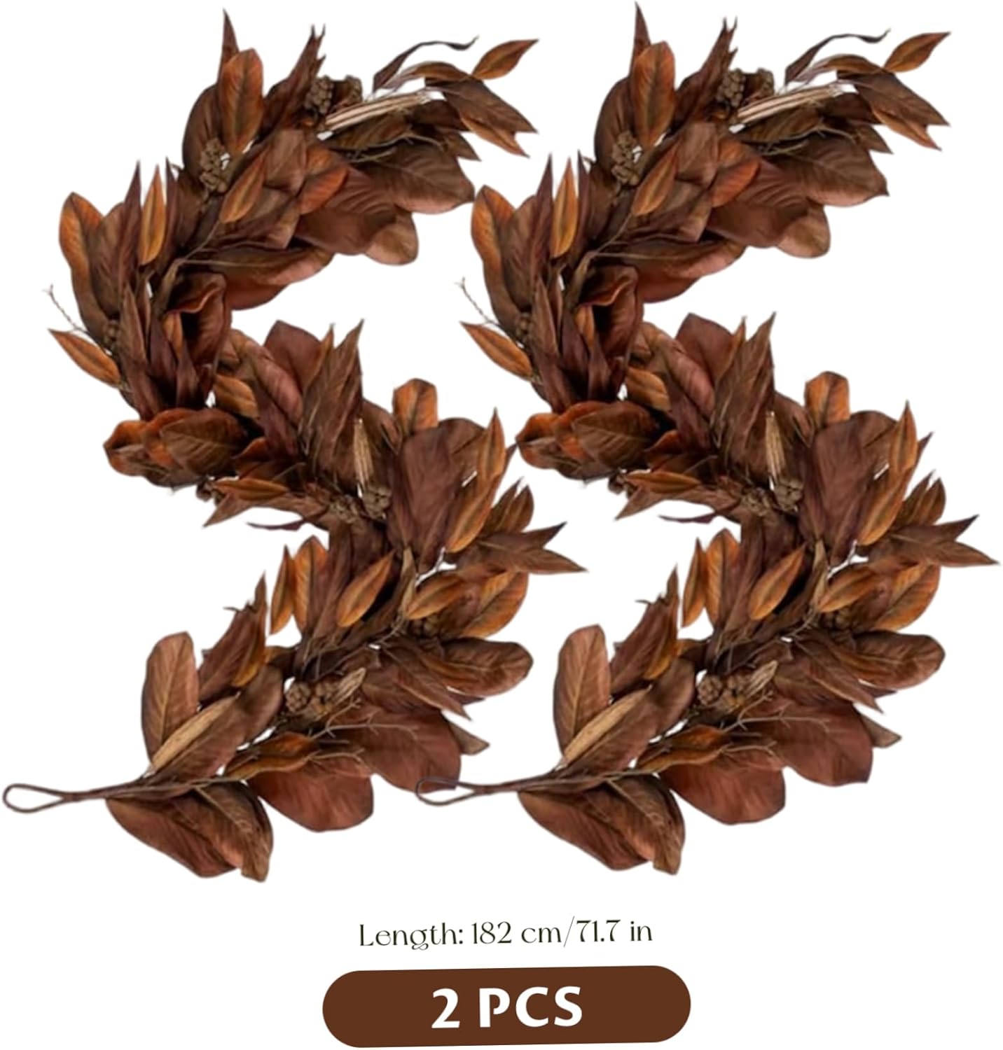Fall Leaves Garland 2Pcs 72 Inch Lifelike Artificial Brown Magnolia Garland Seasonal Hanging Rustic for Fireplace Mantel Home Outdoor..