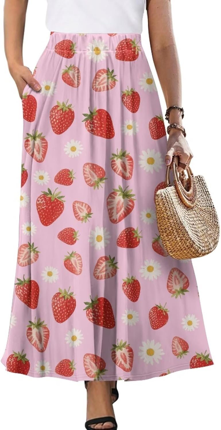 Biyejit Maxi Skirts for Women with Pockets Casual Long Skirt Midi Length Casual Skirt for Beach Party Holiday