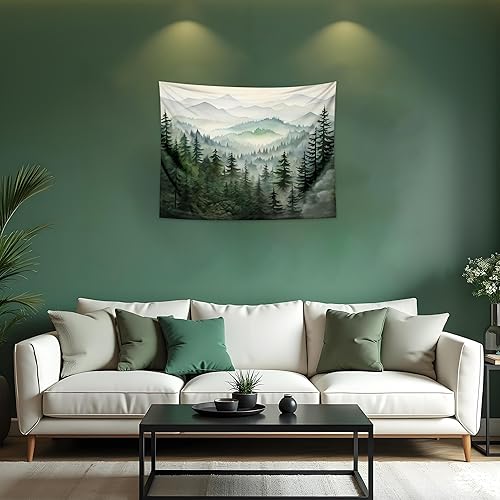 QGHOT Tapiz de bosque brumoso, tapiz de montaña natural para colgar en la pared, paisaje de acuarela verde salvia, arte de pared para dormitorio,