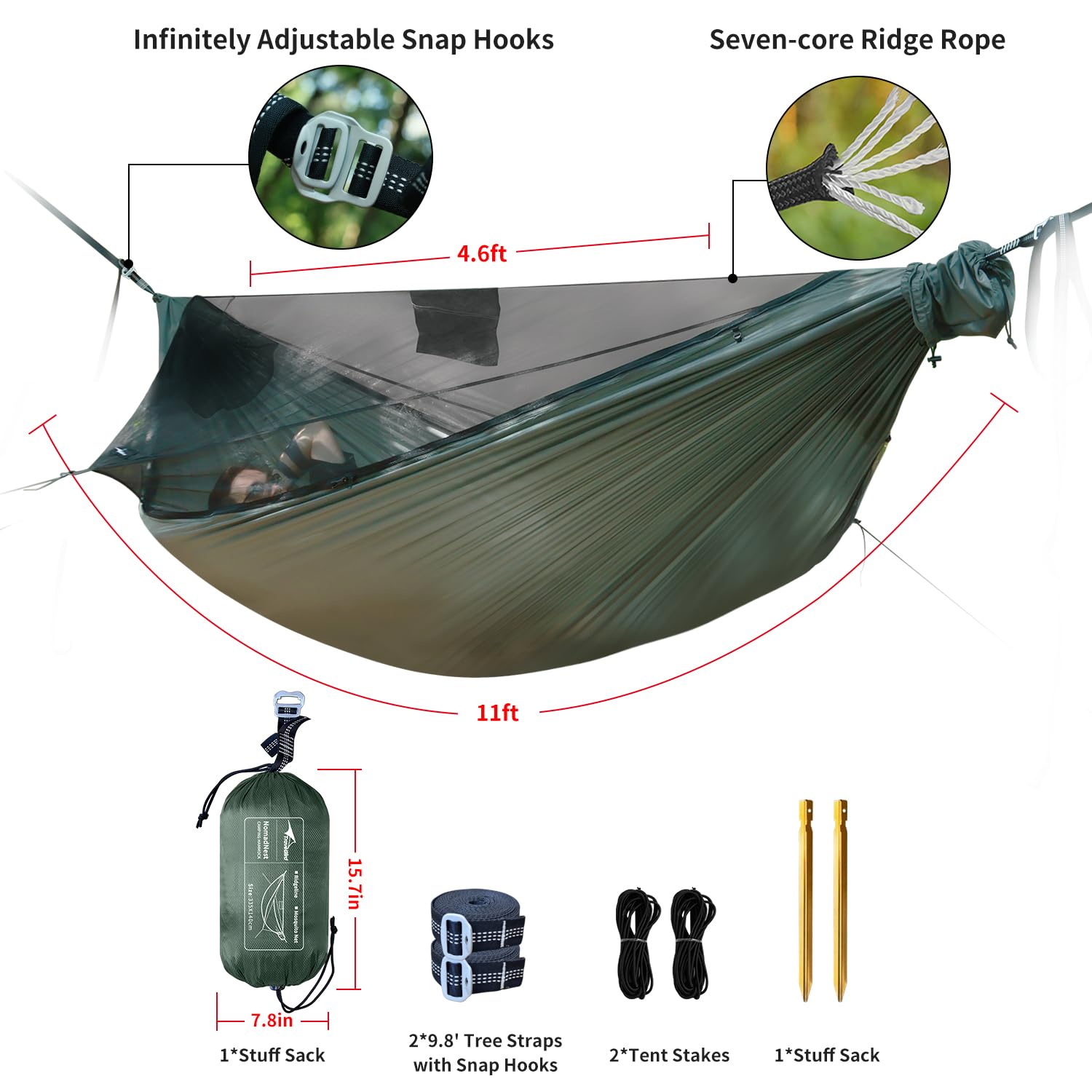 NomadNest - Hamaca de campamento de 11 pies con red y cuerda de cresta, malla desmontable completamente abierta, hamacas portátiles ligeras para camping, senderismo, mochilero 5