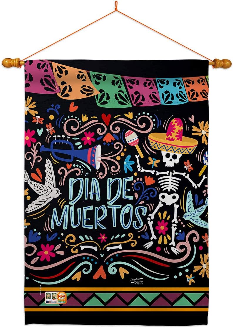 Colorful Dia de Muertos House Flag Dowel Set Falltime Day of Dead Los Fiesta Mexican Party Autumntime Small Decorative Gift Yard Banner Made In USA 28 X 40