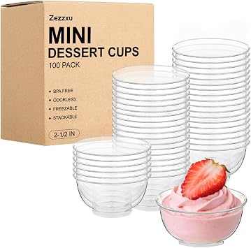 Zezzxu 100 x 2 oz Mini Dessert Cups, 2.5 Inch Round Tiny Bowl Cups for Individual Mini Appetizers, Trifle, Hors Doeuvres, Party Serving, Shrimp Cocktail Cups
