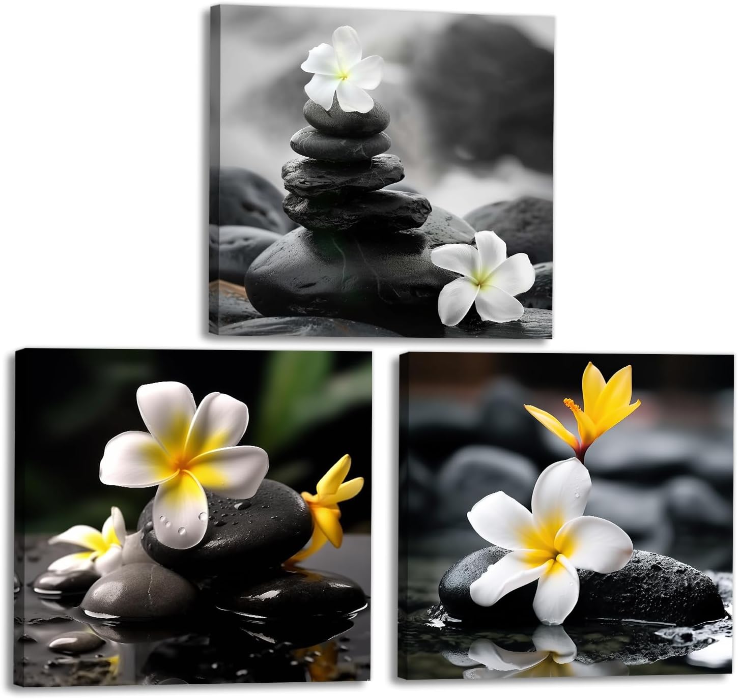 Zen Wall Art 3 Piece White Orchid Stacked Pebble Picture Canvas Print Black Spa Stone Floral Painting Framed Artwork Home Decoration(Artwork-2,12"x12"x3pcs)