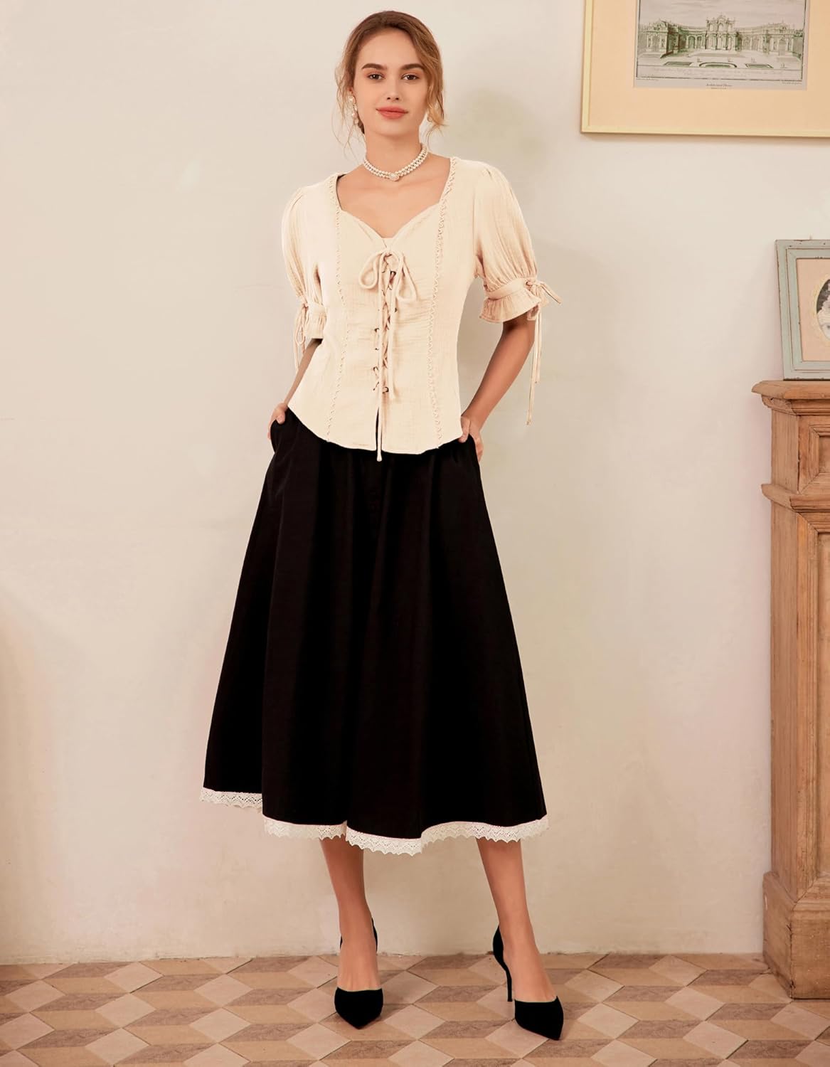 Scarlet Darkness Renaissance Shirts for Women Summer Plus Size Lace-up Tops - Image 5