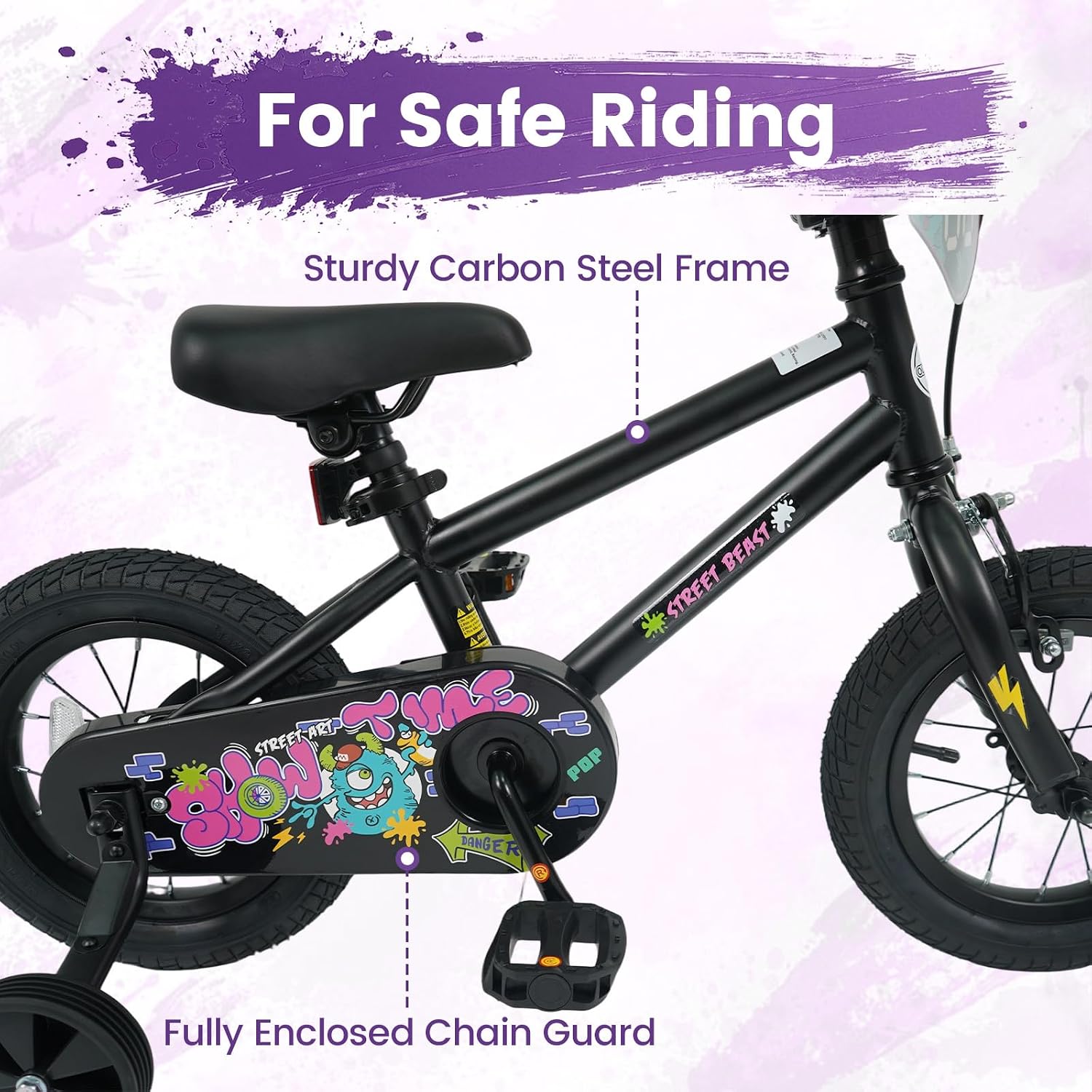 Olakids Kids Bike, 12 14 16 18 Inch BMX Style Toddlers Bike with DIY Drawing Board Training Wheels Adjustable Seat Coaster Brake Handbrake Safety Bell for Boys Girls
