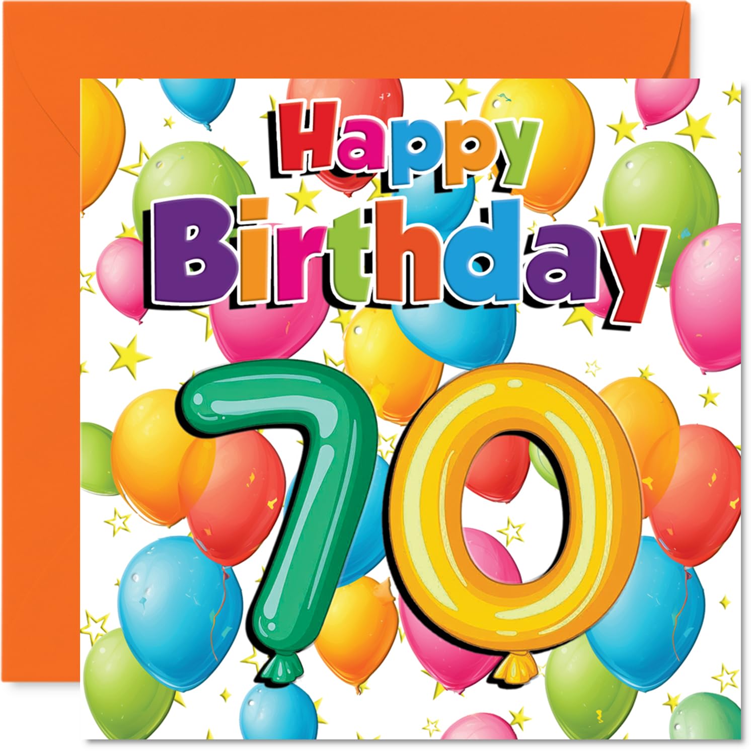 Milestone 70th Birthday Card - Vibrant Cheers to 70 - Colourful Balloons and Stars in a Lively Design - A Standout Way to Mark a Big Birthday - 145mm Square, Envelope Included