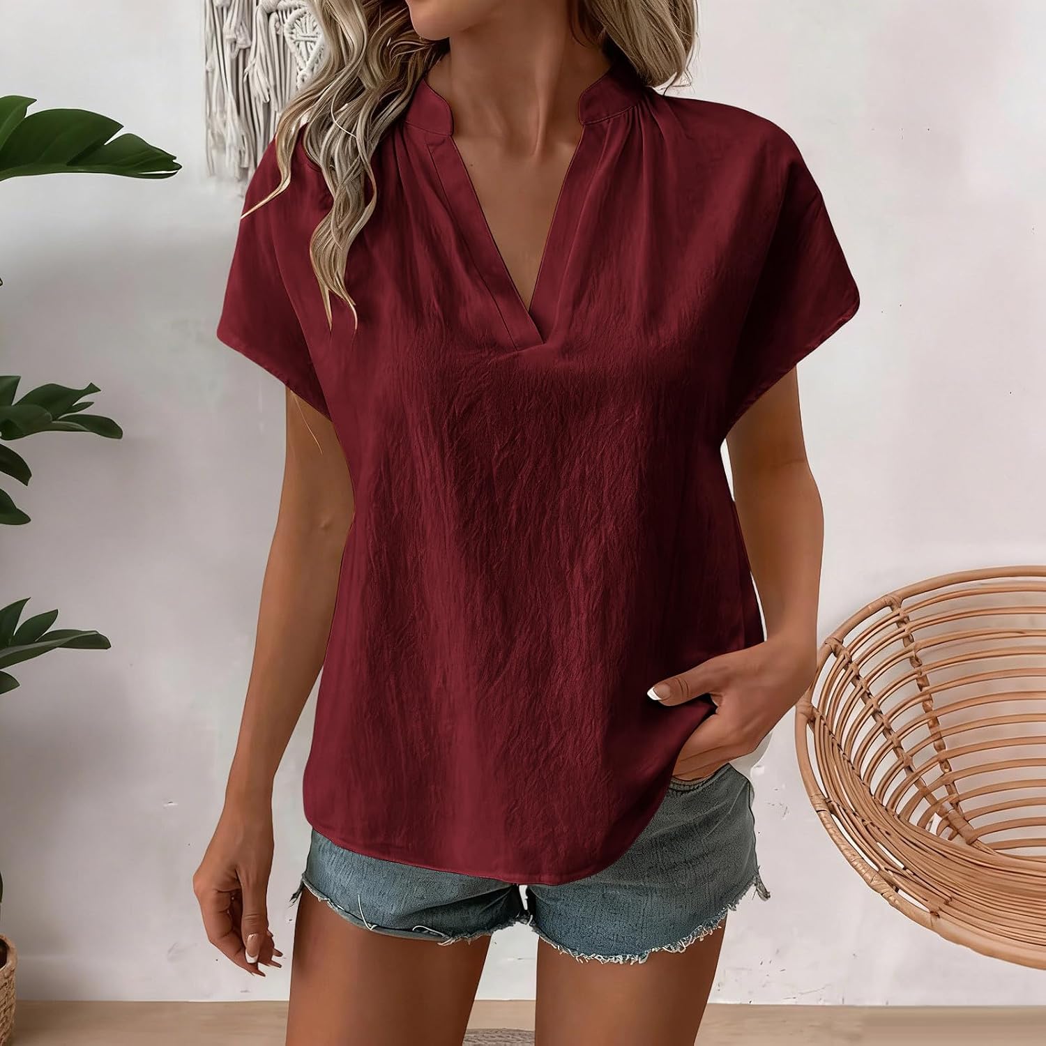 Women's Short Sleeve Shirts Dressy Business Casual Summer Cotton Tops V Neck Blouses Loose Fit Trendy Outfits