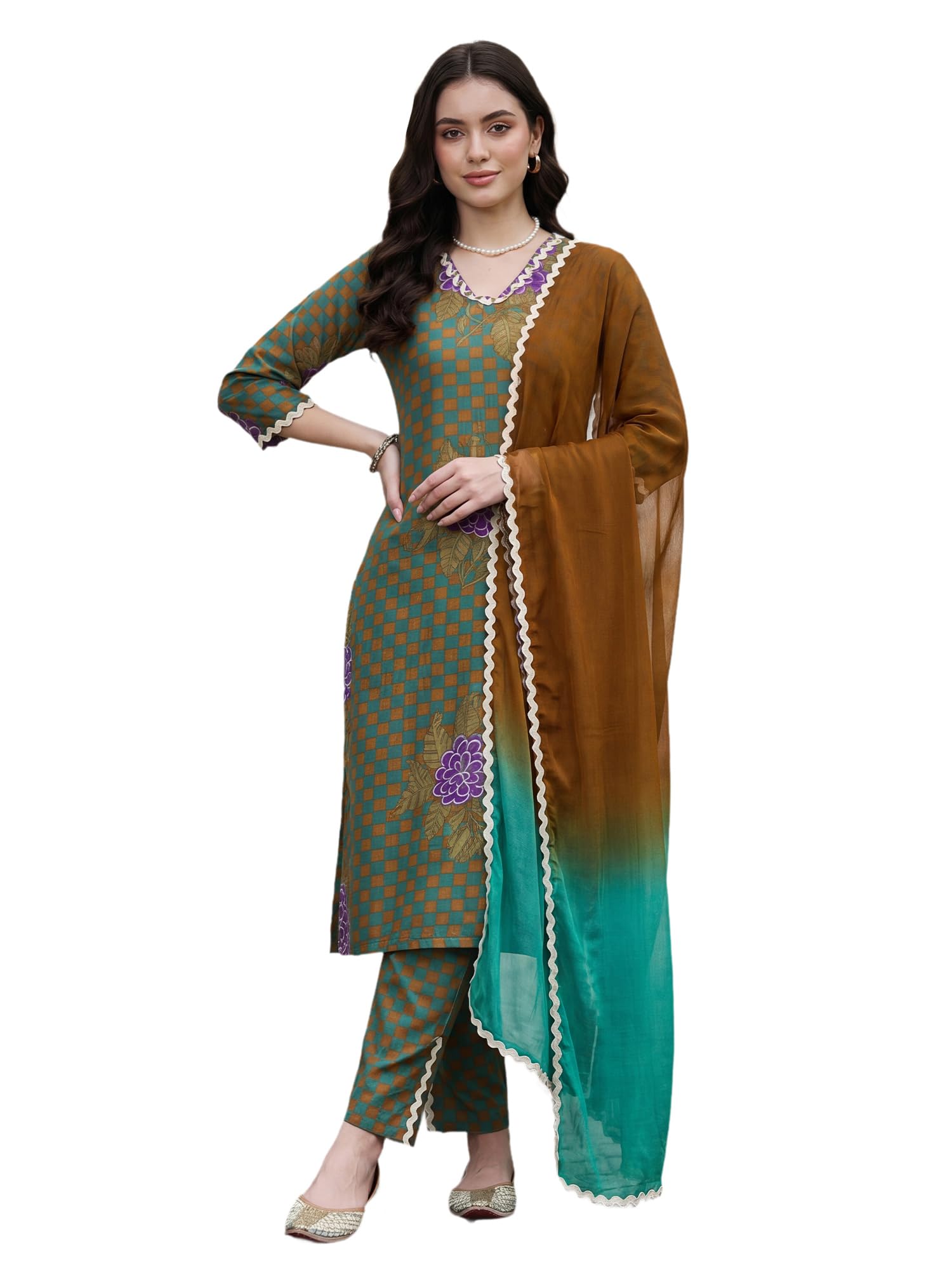 Women's Pure Cotton Floral Printed Stone Work Straight Kurta & Pant with Dupatta Set | Kurti Set For Woman-image-26