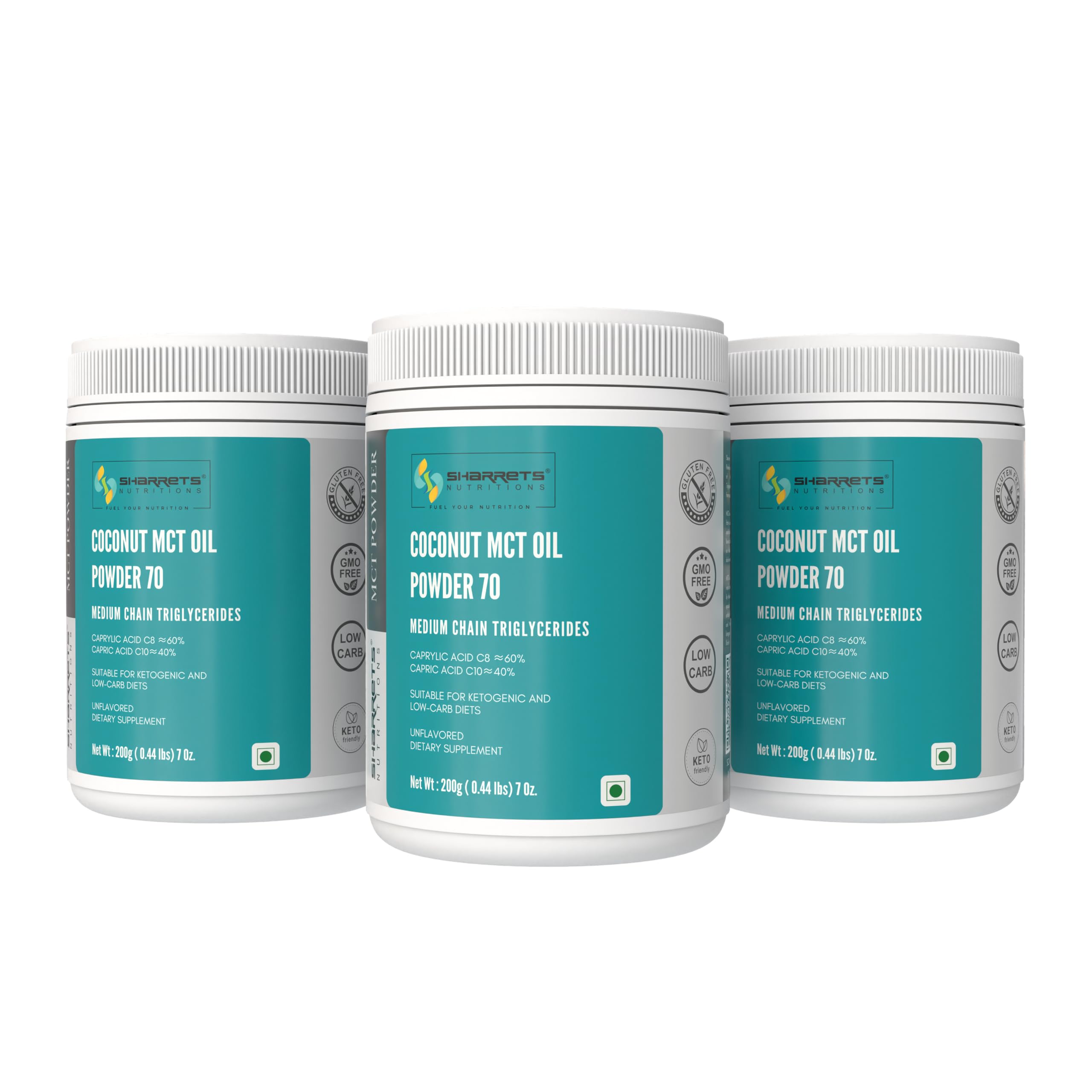 Sharrets Coconut MCT Oil Powder 200g x 3 - Premium Medium Chain Triglycerides for Health and Energy Boost.