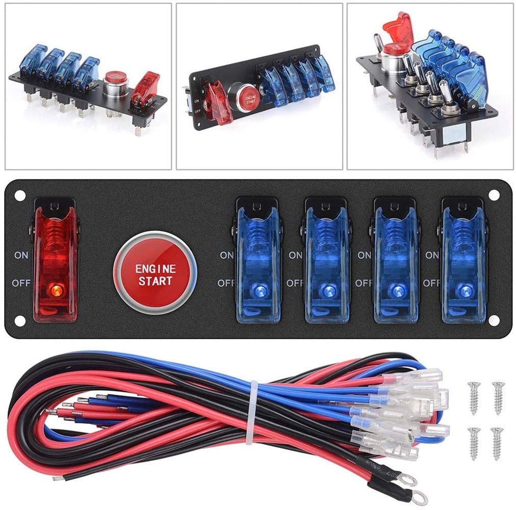 DC12V Flip-Up Ignition Switch Panel 5 in 1 Car Engine Start Push Button LED Toggle Racing Sport Competitive Car (4Blue 1Red, Black Panel)