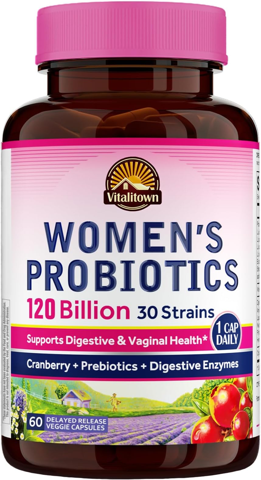 Vitalitown Probiotics for Women 120 Billion CFUs, 30 Strains, with Prebiotics & Digestive Enzymes & Cranberry, Gut & Vaginal Health, Vegan 60 (Pack of 1) Delayed Release Caps