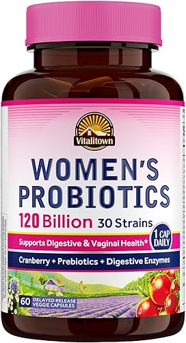 Vitalitown Probióticos para mujeres, 120 mil millones de UFC, 30 cepas, con prebióticos y enzimas digestivas y arándano, salud intestinal y vaginal,