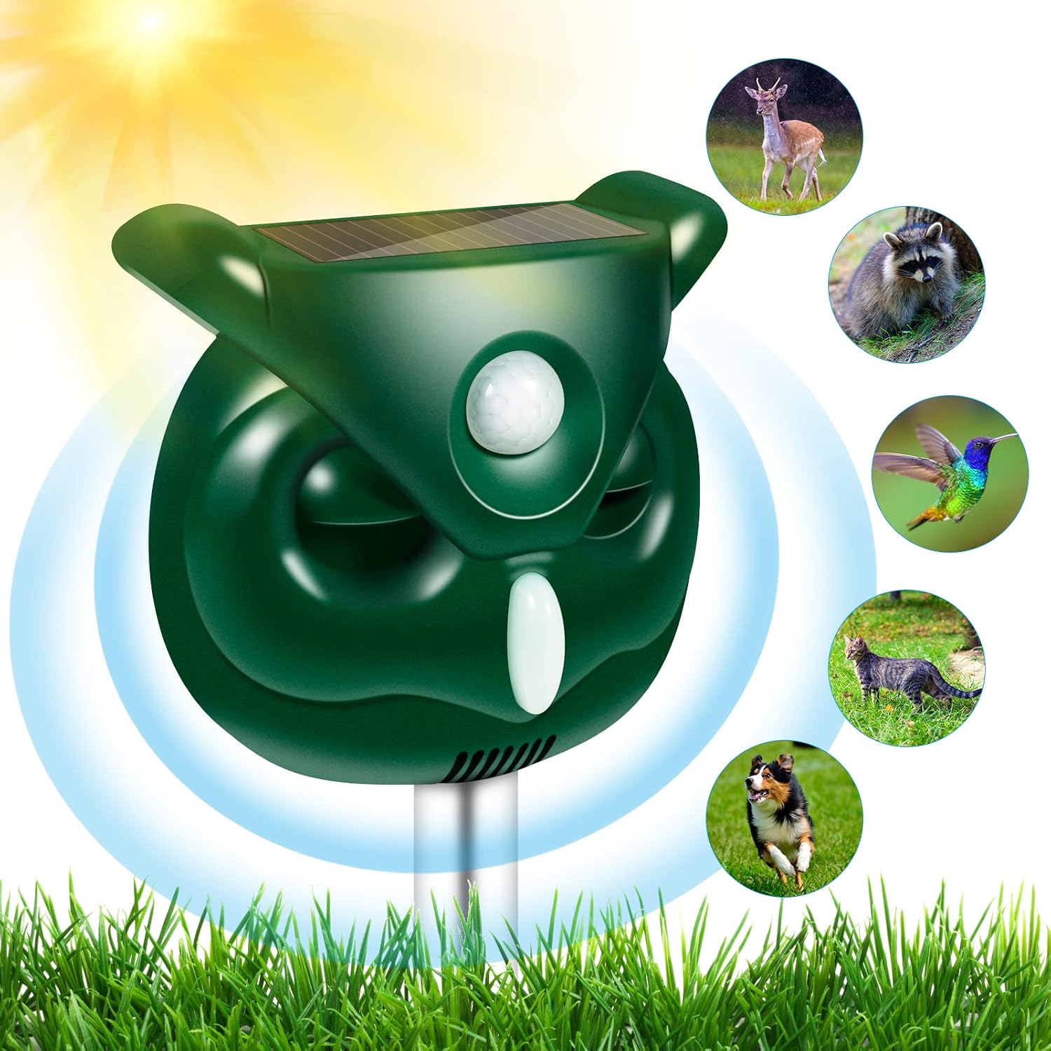Ultrasonic Cat Deterrent, 5 Modes Solar Powered Deterrent Device, Motion Sensor and Flashing Lights Solar, Outdoor Waterproof Garden, Dog, Cat, Bird