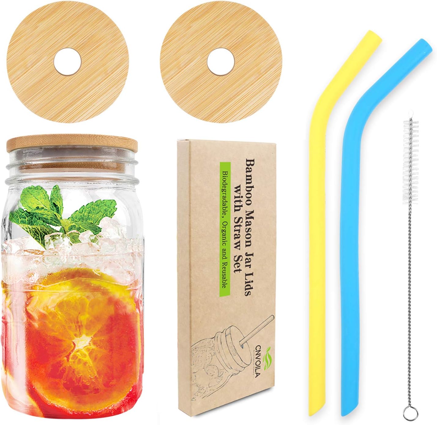 Mason Jar Lids with Straw Set, ECO Reusable Bamboo Mason Jar Lids for