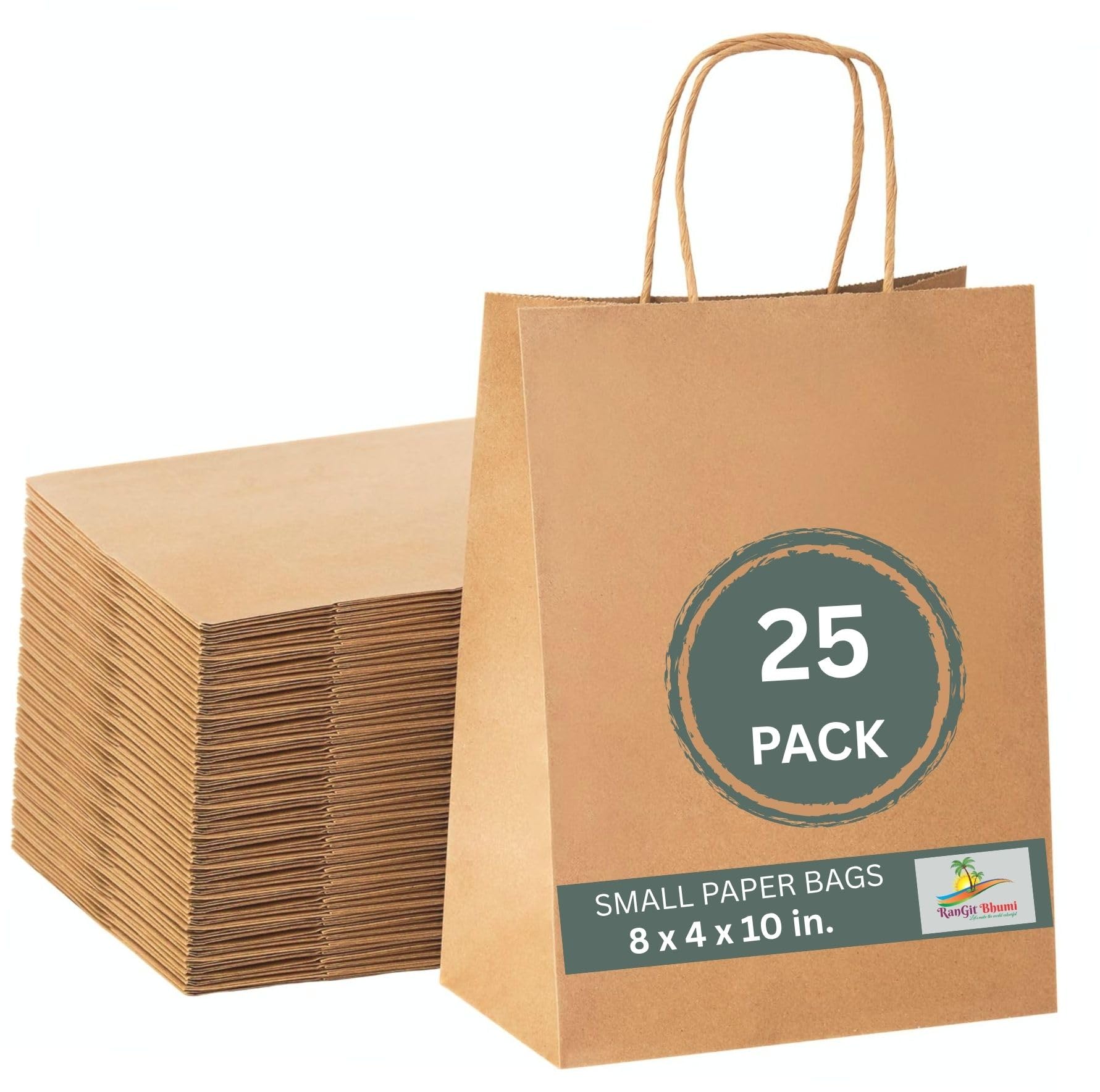 Brown Kraft Paper Bags with Handles- 25pcs 8"x10"x4" Small size Bags, Return Gift Craft Paper carry Bag for Shopping Retail Merchandise - Disposable