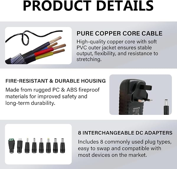 Universal 12V3A Power Supply UK Plug, 36W ACDC Adapter 8 Multi Plug Tips,100β240V 50/60Hz DC Charger Cable for LED Strips, Router, CCTVCamera, Laptop, Baby Monitor,MP3/MP4 and Home Electronics - 4