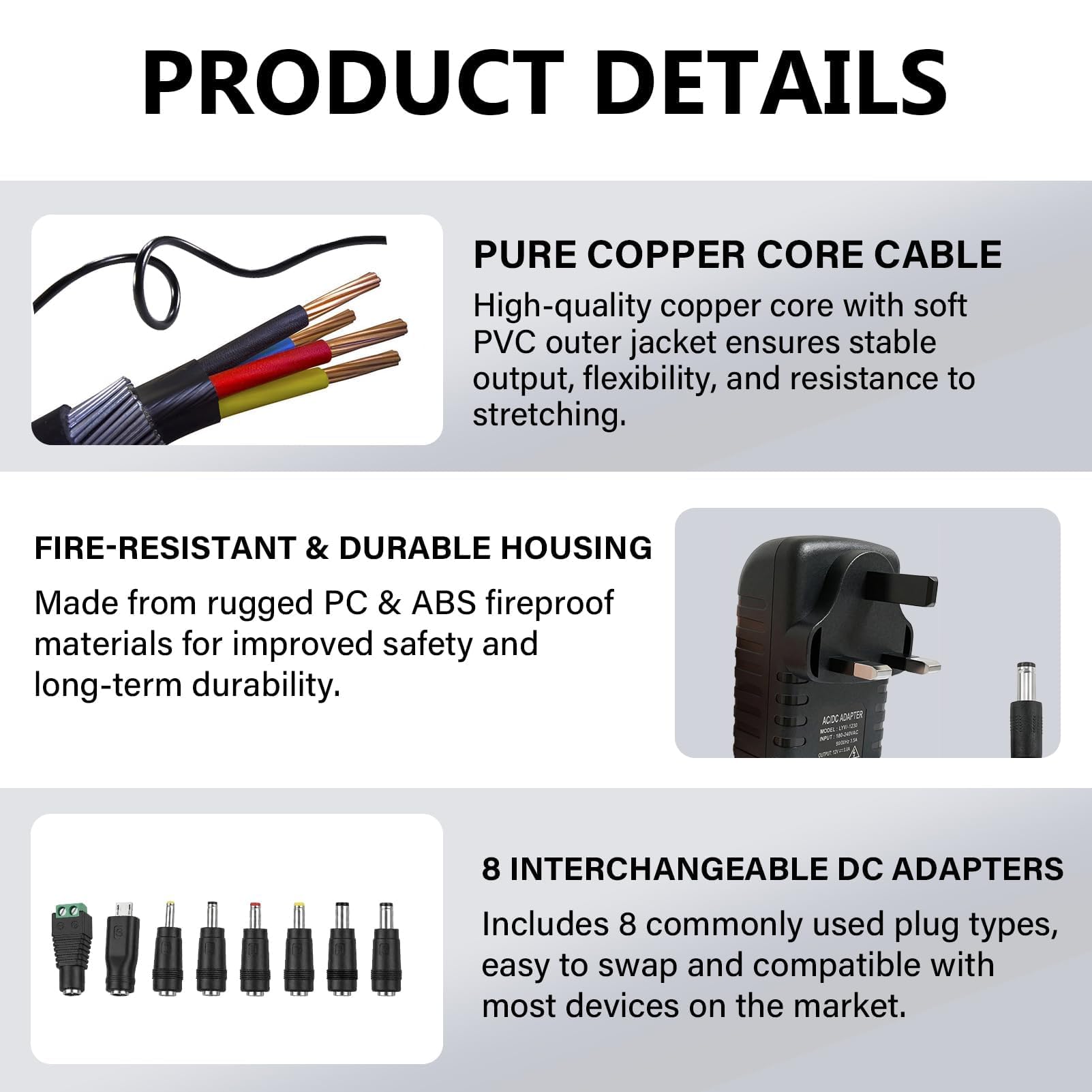 Universal 12V3A Power Supply UK Plug, 36W ACDC Adapter 8 Multi Plug Tips,100–240V 50/60Hz DC Charger Cable for LED Strips, Router, CCTVCamera, Laptop, Baby Monitor,MP3/MP4 and Home Electronics — view 4