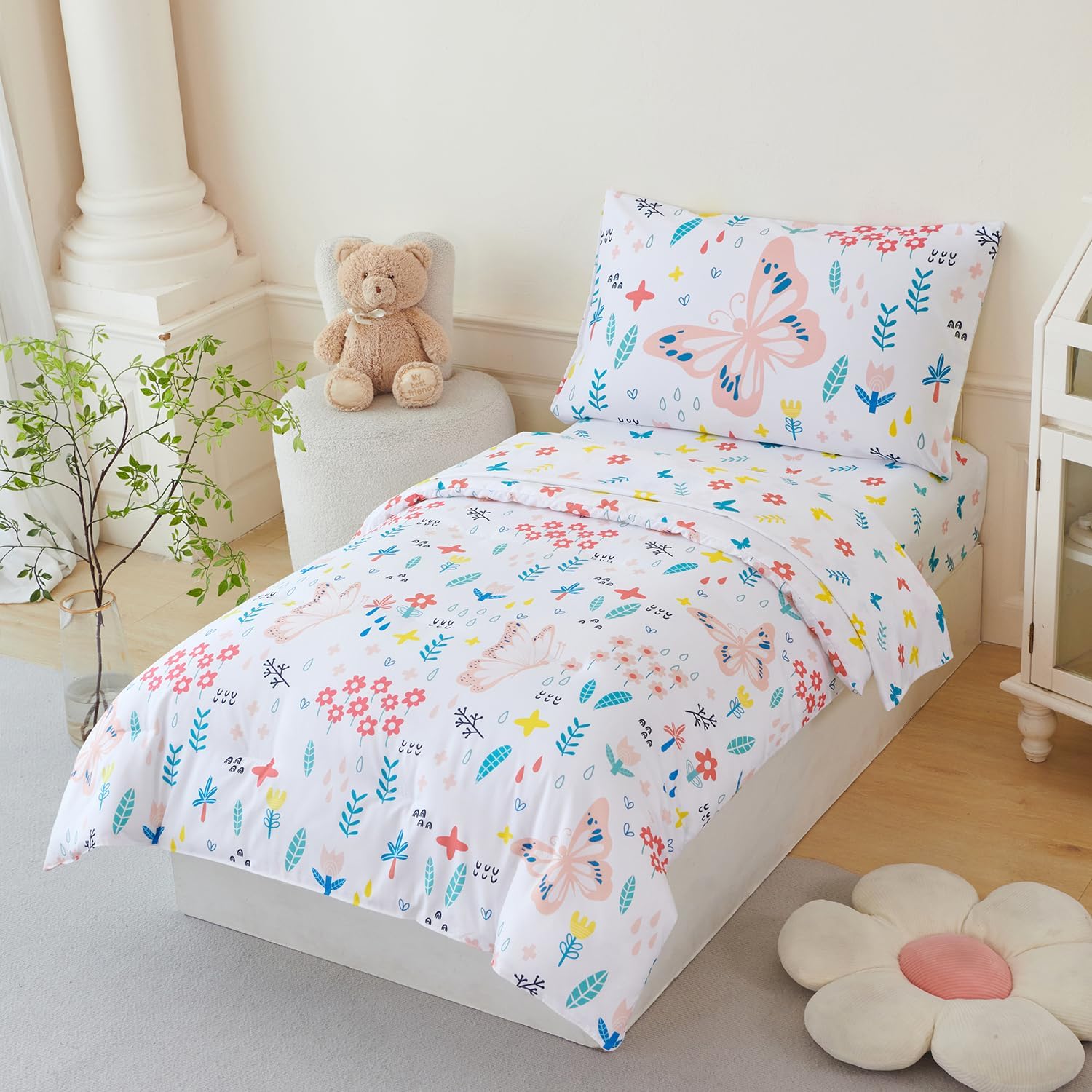 PERFEMET Girls Toddler Bedding Colorful Flower Blossom Comforter Set Butterfly Print Toddler Bedding Sets Ultra Soft Lightweight Bed-in-A-Bag for Toddlers(4 Pieces, White) - Image 2