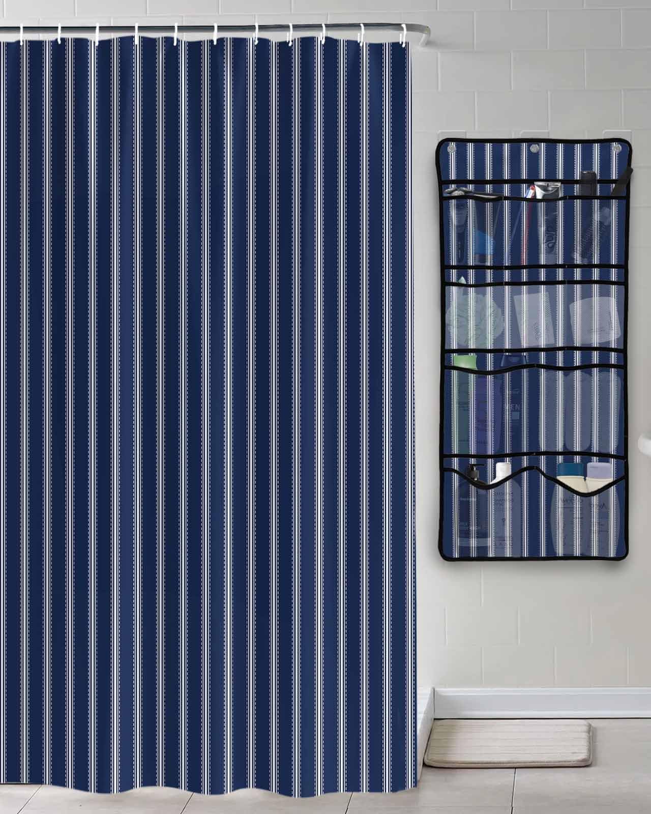 Decorative Shower Curtain Sets Modern Stripes Navy Blue Polyester Fabric Waterproof Bath Shower Curtains Artistic Striped Blue Mesh