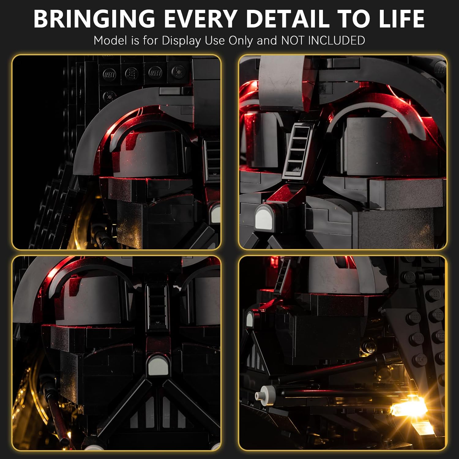 Agara nso views of the BrickSoul LED light kit integrated into the Lego Darth Vader Helmet, showing illuminated details around the eyes and lower mask.