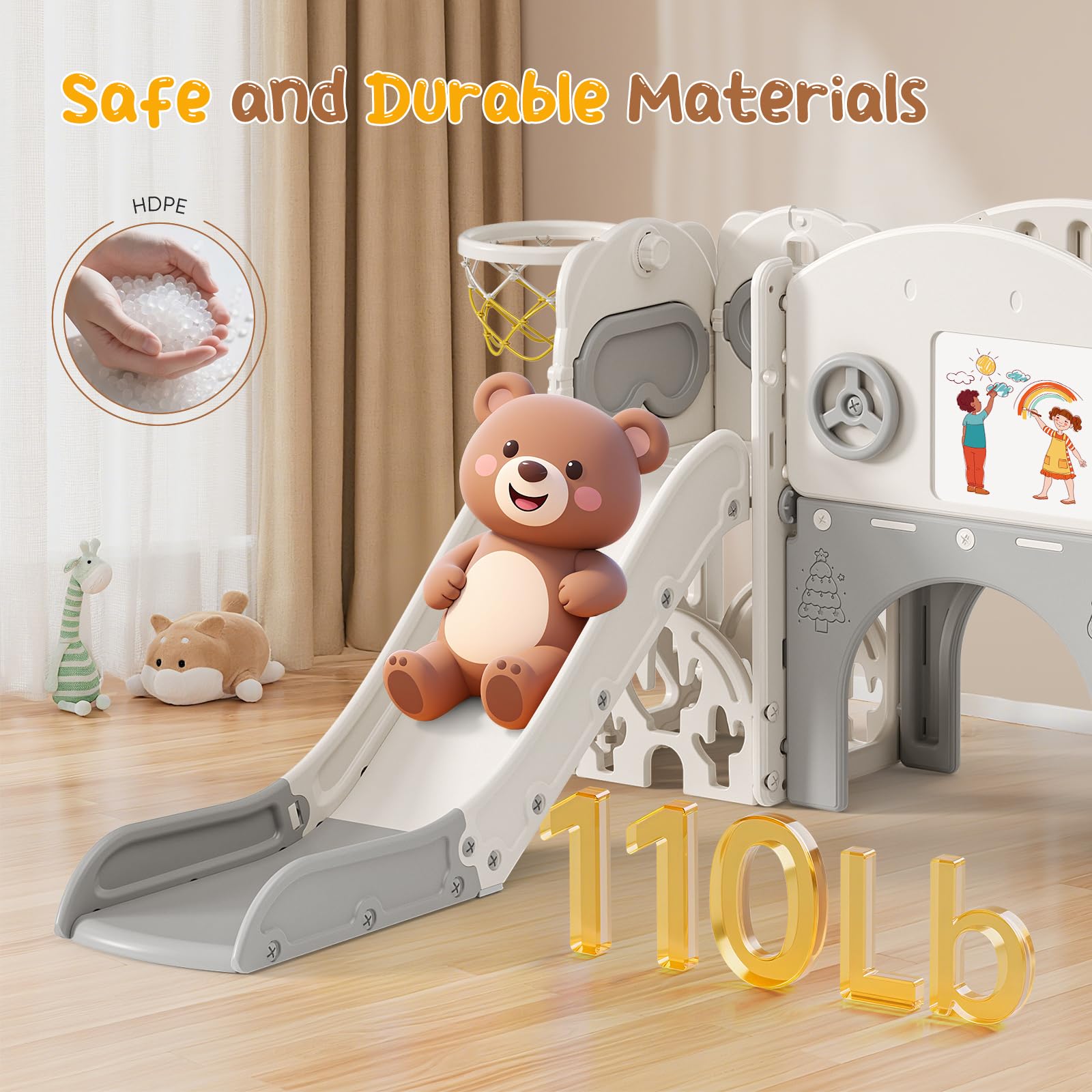 Scivolo per bambini con cerchio da pallacanestro, scivolo da giardino per bambini, parco giochi al coperto ed esterno, kit da gioco per arrampicata indipendente con scivolo per bambini (beige grigio