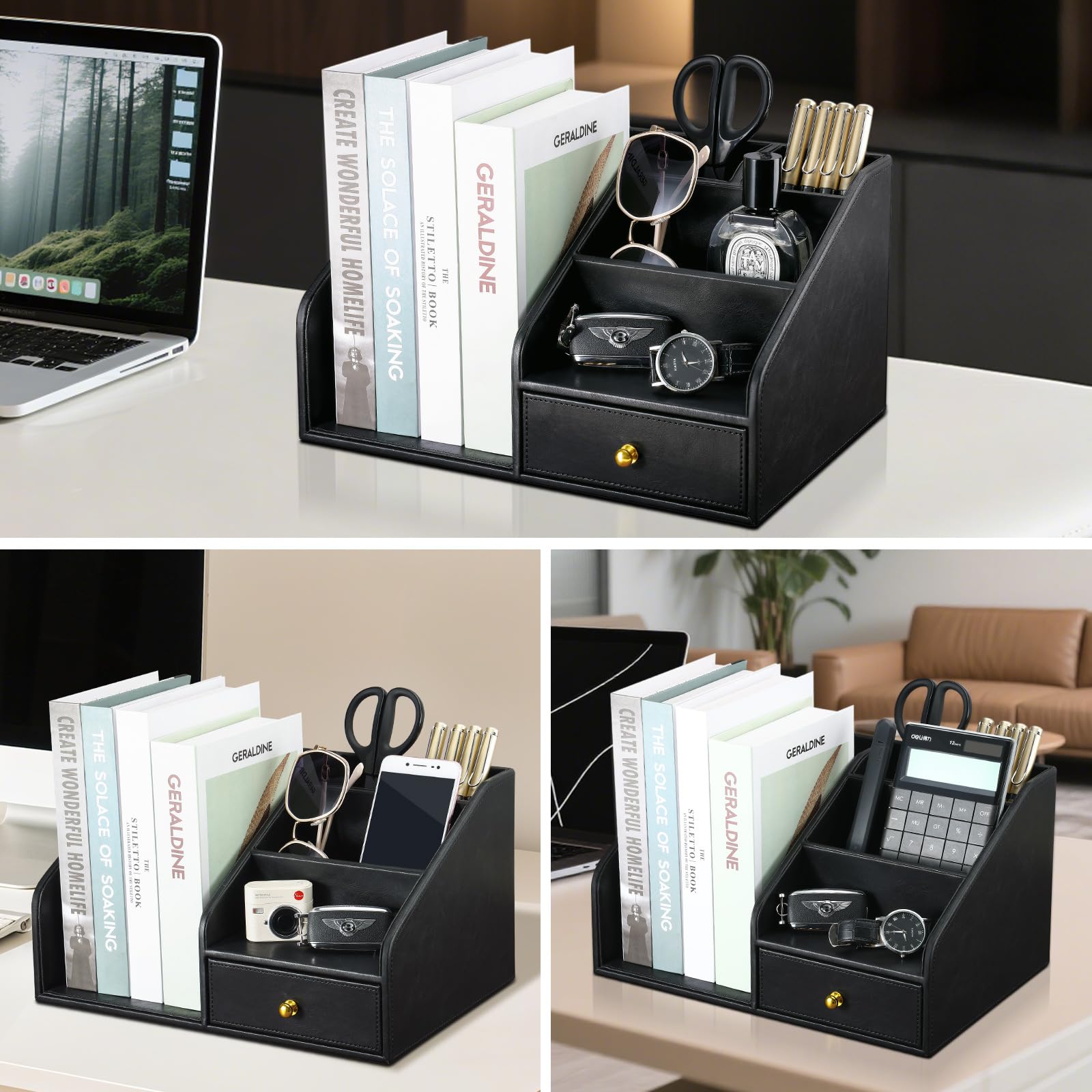 KINGFOM Organizer da scrivania in pelle PU con cassetto – Scatola portaoggetti da scrivania multi-scomparto per forniture per ufficio, posta, penne, accessori – nero e marrone Home Office Caddy (nero)