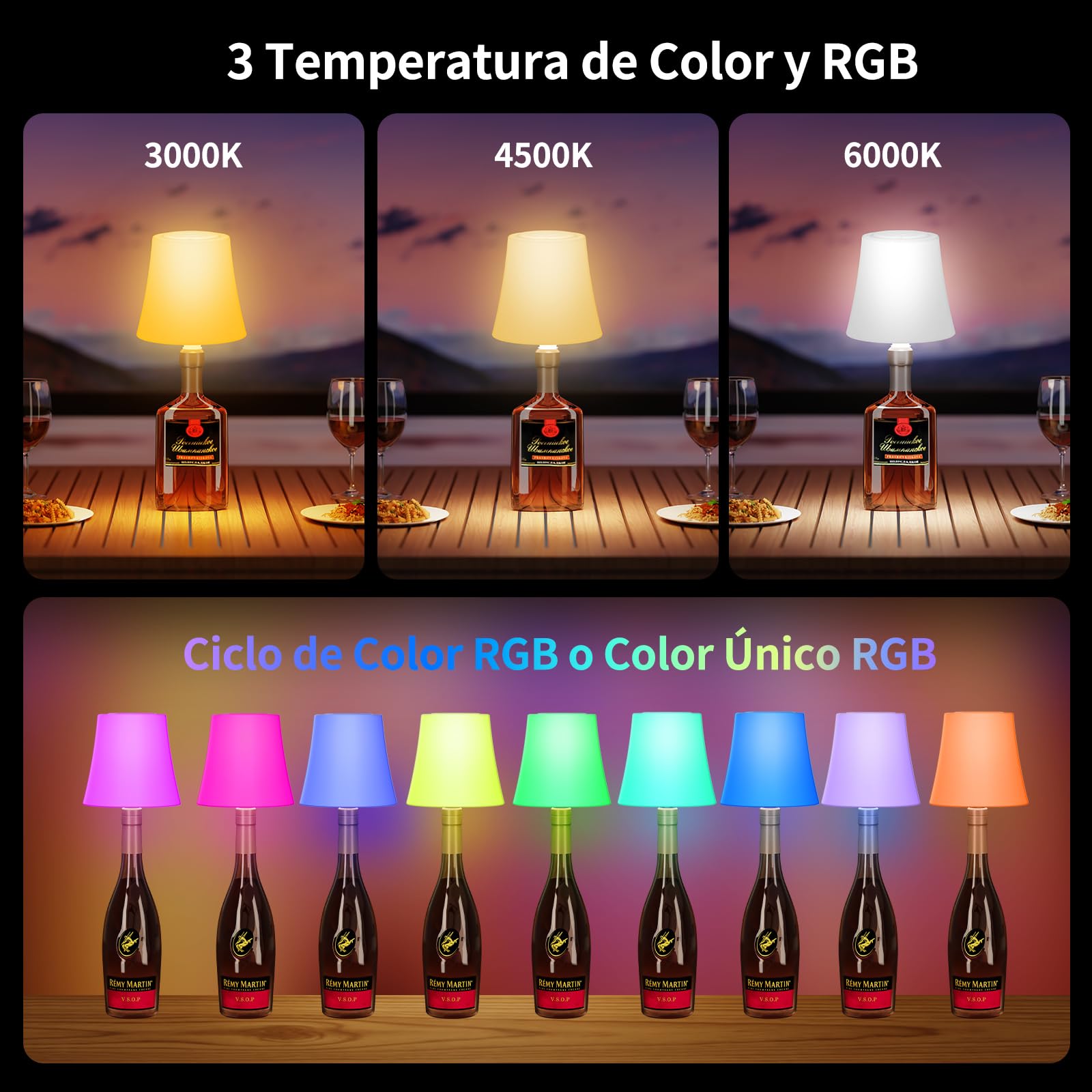 Lámpara de Mesa Inalámbrica, Lámpara de Botella Recargable, Lámpara de Noche Brillo Ajustable 3 Temperaturas Color+RGB, Botón Táctil IP54 Impermeable para Restaurante,Cafetería(Sin incluir Botellas)